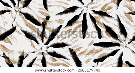 Seamless pattern featuring hand-drawn floral and leaf motifs. The design combines the textured feel of chalk, charcoal, and grunge with romantic black and white on a golden animal fur background.