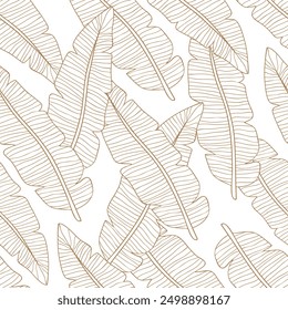 Seamless pattern featuring hand-drawn gold banana leaves on a white background, perfect for textiles, wallpapers, and design projects.