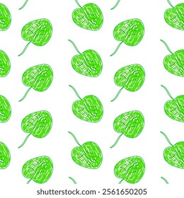 A seamless pattern featuring hand-drawn green heart-shaped leaves with sketched details on a white background.