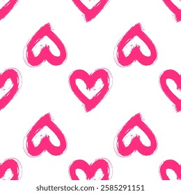 Seamless pattern featuring hand-drawn hearts in red ink. Modern graphic design. Cute, romantic wallpaper.