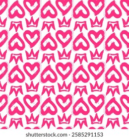 Seamless pattern featuring hand-drawn hearts with crowns. Modern graphic design. Cute, romantic wallpaper.