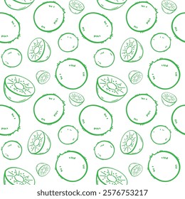 Seamless Pattern Featuring Hand-Drawn Kiwi Fruit Slices in Green