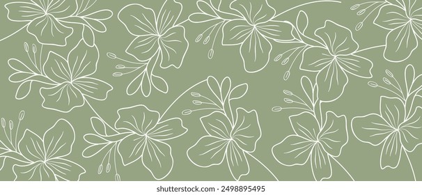 A seamless pattern featuring hand-drawn line art blossoms on a green background, ideal for textiles, wallpapers, and design projects.