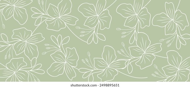 A seamless pattern featuring hand-drawn line art blossoms on a green background, ideal for textiles, wallpapers, and design projects.