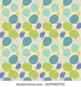 Seamless pattern featuring hand-drawn line leaves layered over abstract organic shapes in green, turquoise, yellow and blue tones. Ideal for textile prints, packaging, stationery, and digital