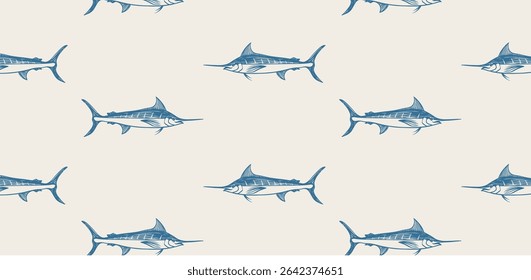 Seamless pattern featuring a hand-drawn marlin fish in a vintage rough sketch style. Ideal for nautical-themed merchandise, retro apparel, fishing gear packaging, and ocean-inspired decor.