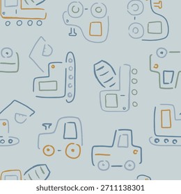Un patrón sin fisuras con vehículos de construcción minimalistas dibujados a mano como excavadoras, excavadoras, camiones de volteo y mezcladoras de cemento sobre un fondo azul claro. Perfecto para la tela del cuarto de los niños