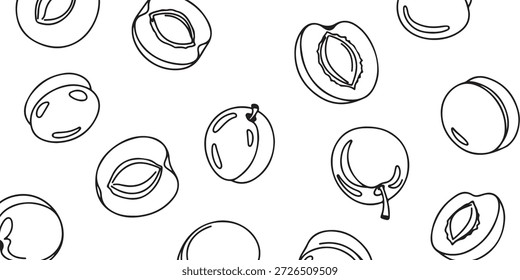 A seamless pattern featuring hand-drawn outline illustrations of whole and halved apricots or peaches, with visible pits, against a white background, creating a simple fruit design.