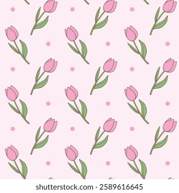 Seamless pattern featuring hand-drawn pink tulips with green leaves on a soft pastel background, perfect for fabric, wallpaper, and spring designs-Vector illustration