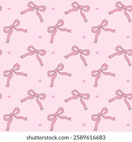 A seamless pattern featuring hand-drawn pink bows with heart details on a pastel pink background, perfect for textiles, wallpapers, and gift wrapping-Vector illustration