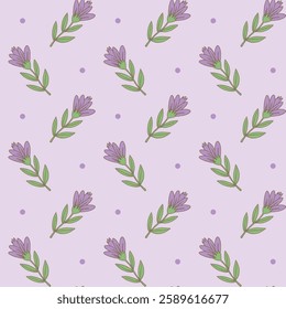 Seamless pattern featuring hand-drawn purple flowers with green leaves on a soft lavender background, ideal for fabric, wallpaper, and elegant designs-Vector illustration