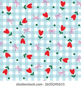 A seamless pattern featuring hand-drawn red hearts with stems, leaves, and pink bows on a cute, sweet blue checkered background perfect for Valentine’s crafts, fabric,valentine  or gift designs.