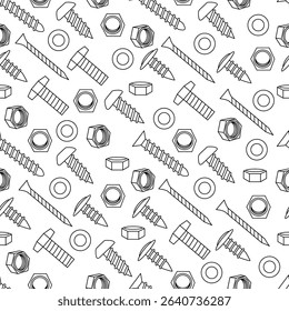 Seamless pattern featuring hand-drawn screws, nuts, and washers in black outline style. Perfect for coloring pages, tool-themed fabric prints, and mechanical or DIY designs.