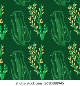 Seamless Pattern Featuring Hand-Drawn Sea Plants on Green Background. Vibrant plants in a repeating pattern-style, rendered in hand-drawn design, perfect 