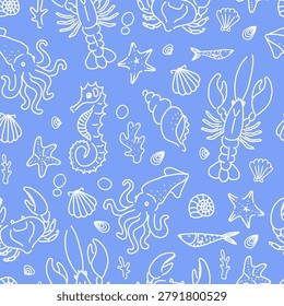 Seamless pattern featuring hand-drawn sea creatures including squids, seahorses, and shells against a vibrant blue background, ideal for children's nautical designs.