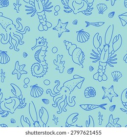 A seamless pattern featuring hand-drawn sea life illustrations, including squid, seahorse, shells, and starfish on a light blue background.