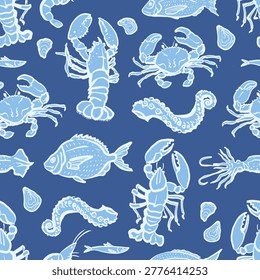 A seamless pattern featuring hand-drawn seafood and marine life in a nautical theme on a blue background. Ideal for ocean-themed designs and textiles.