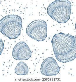 Seamless pattern featuring hand-drawn seashells and conch shells.