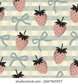 Un patrón sin fisuras con fresas dibujadas a mano y lazos de cinta sobre un fondo a cuadros verde suave. Diseño lindo y juguetón, perfecto para la tela, el abrigo del regalo, el scrapbook, y los proyectos digitales