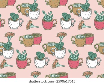 seamless pattern featuring hand-drawn succulents in colorful mugs on a soft pink background. Perfect for stationery, fabric, wallpapers, and gift wrap.