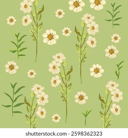 A seamless pattern featuring hand-drawn vintage daisies on a soft green background. Perfect for textiles, wallpapers, invitations, and decorative designs.