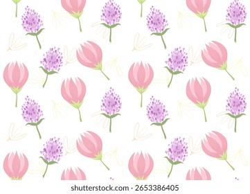 seamless pattern featuring hand-drawn watercolor illustrations of pink tulip blossoms and purple flowers, likely abstract tulips or similar small blossoms, on a white background