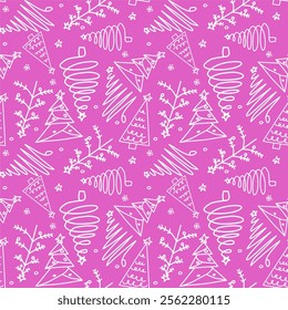 A seamless pattern featuring hand-drawn white Christmas trees, branches, and stars on a vibrant magenta background. Perfect for modern holiday designs, gift wrapping, and festive decor.