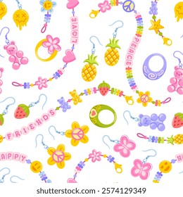 Seamless pattern featuring handmade jewelry like friendship bracelets, fun plastic earrings, and whimsical rings. It embodies a hippie spirit, playful emojis and a nostalgic Y2K style.