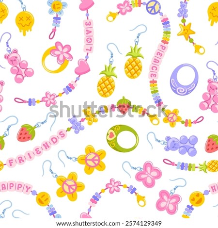 Seamless pattern featuring handmade jewelry like friendship bracelets, fun plastic earrings, and whimsical rings. It embodies a hippie spirit, playful emojis and a nostalgic Y2K style.