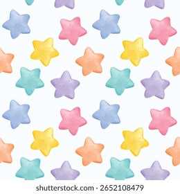 Seamless pattern featuring handpainted watercolor stars in soft pastel colors. This whimsical and cute design is perfect for nursery wall art, baby textiles, scrapbooking, and prints