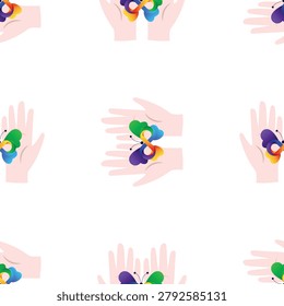 A seamless pattern featuring hands gently holding a vibrant, gradient-colored symbol resembling an infinity butterfly or heart, representing ADHD and neurodiversity awareness, support, and care. Ideal for health campaigns, educational content, or positive designs.