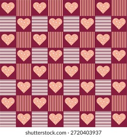 Patrón sin fisuras con iconos de corazón dispuestos en diseños de azulejos a cuadros y geométricos. Perfecto para diseños de San Valentín, fondos románticos, papel de regalo, impresiones textiles, Fondos de pantalla 