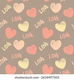 Seamless pattern featuring heart shape and love letter. Hand drawn cute hearts illustration with grunge texture on brown background.