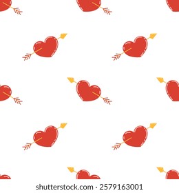 Seamless pattern featuring hearts and arrows. A charming Valentine’s Day print for various creative projects. Great for gift boxes, digital designs, banners, apparel, and party decor.