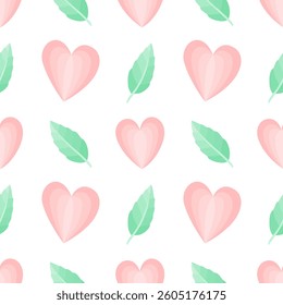 Seamless pattern featuring hearts and leaves in soft colors on the white background