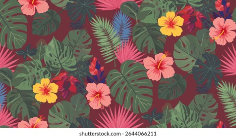 A seamless pattern featuring hibiscus flowers, monstera leaves, and palm fronds in pink, yellow, green, and blue on a maroon background.