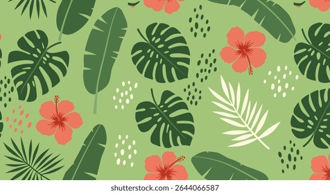A seamless pattern featuring hibiscus flowers, monstera leaves, palm fronds, and abstract dots on a light green background.