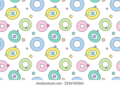 Seamless pattern featuring hollow and solid circles in pastel colors with playful accents on a white background.