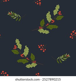 Seamless pattern featuring holly leaves and red berries in a festive style. Ideal for holiday wrapping paper or seasonal textiles.