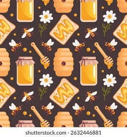 Um padrão sem costura com frascos de mel, torrada de mel, margaridas e abelhas em um fundo escuro. Este design encantador captura a doçura da natureza, perfeito para embalagens, têxteis e decoração alegre