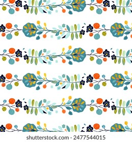 Seamless pattern featuring horizontal stripes of decorative plants, flowers, and trees in folk art style on a white background. Ideal for textiles, wallpapers, and spring designs. Incorporates vibrant