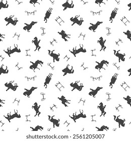 Seamless pattern featuring horse silhouettes, equestrian equipment, and riders in black on a white background