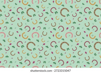 A seamless pattern featuring horseshoes, clover flowers, and petals. A symbolic design associated with luck, nature, and Irish themes, perfect for festive decor, textiles, wrapping paper, and decorative backgrounds.