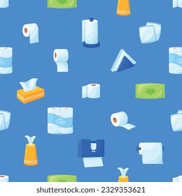 Seamless Pattern Featuring Hygiene Paper Items Such As Toilet Paper Rolls, Tissue Boxes, And Hand Sanitary Pads