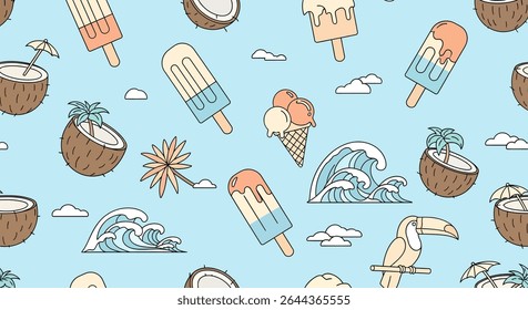 Seamless pattern featuring ice cream, coconuts with palm trees and umbrellas, ocean waves, clouds, a toucan, and a palm tree on a light blue background.