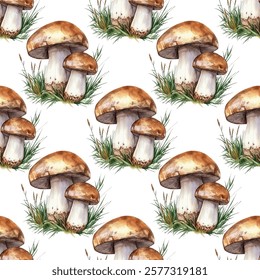 Seamless pattern featuring  illustrations of brown-capped mushrooms with white stems, surrounded by green grass. Ideal for nature themed designs, textiles, and wallpapers.