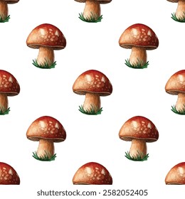 Seamless pattern featuring  illustrations of brown-capped mushrooms with white stems, surrounded by green grass. Ideal for nature themed designs, textiles, and wallpapers.