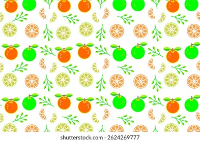 Seamless pattern featuring illustrations of oranges, green apples, citrus slices, and leafy branches. Ideal for themes related to summer, freshness, health, and organic fruit.