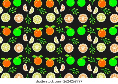 Seamless pattern featuring illustrations of oranges, green apples, citrus slices, and leafy branches. Ideal for themes related to summer, freshness, health, and organic fruit.