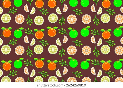 Seamless pattern featuring illustrations of oranges, green apples, citrus slices, and leafy branches. Ideal for themes related to summer, freshness, health, and organic fruit.
